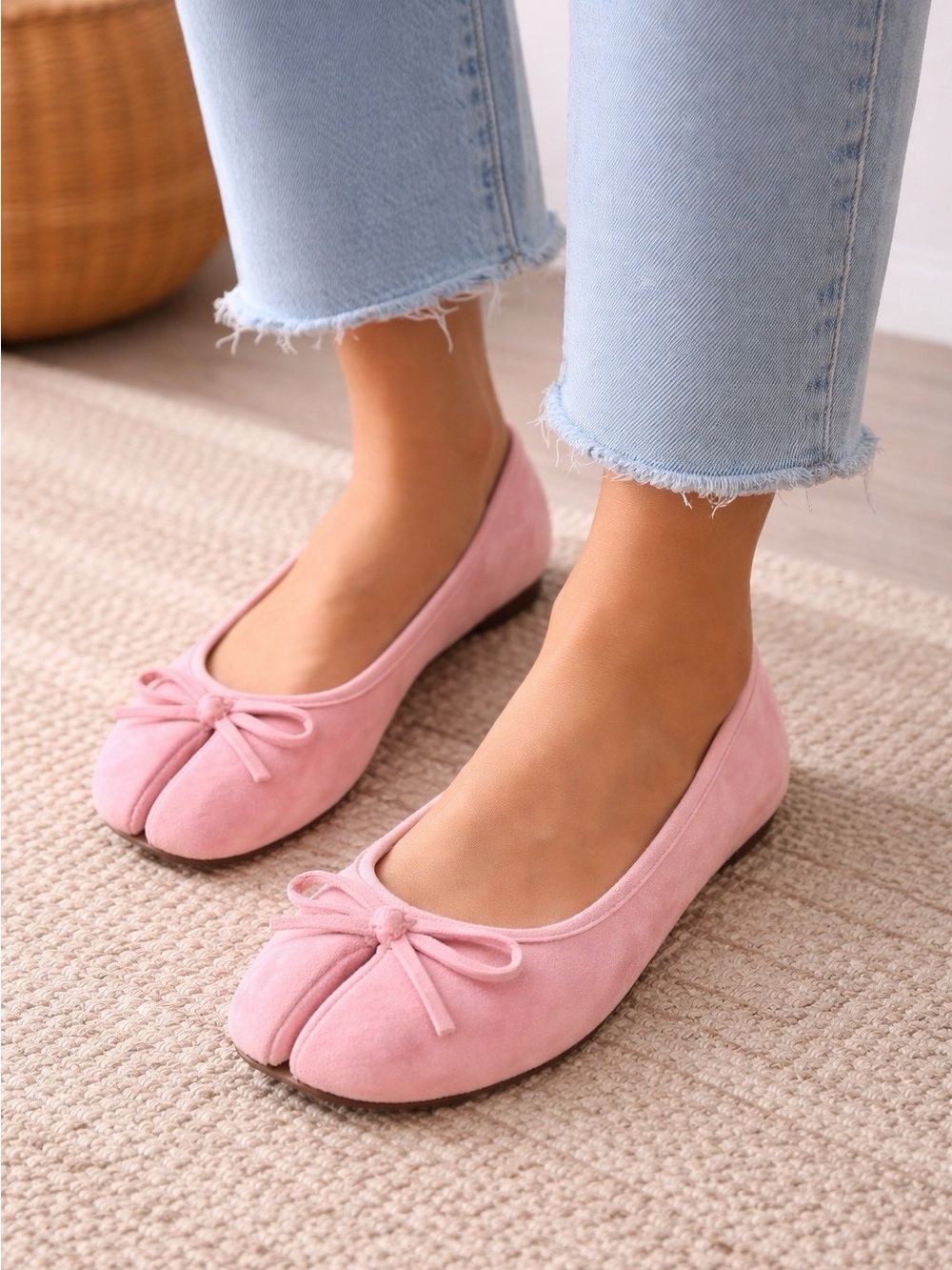 Tabi blush Pink Split-Toe Ballet Flats with Bow Accent